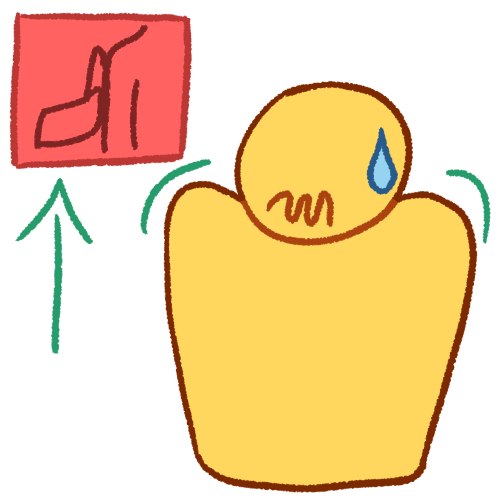 adrawing of a plain yellow person looking uncomfortable, with their shoulders raised, their mouth in a squiggly line, and a sweat droplet on their head. next to them is a pink square containing a basic drawing of a hand pressed against someones shoulder with a green arrow pointing to it.